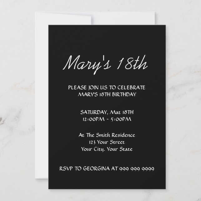 Crea tu invitación de cumpleaños número 18 negra (Anverso)