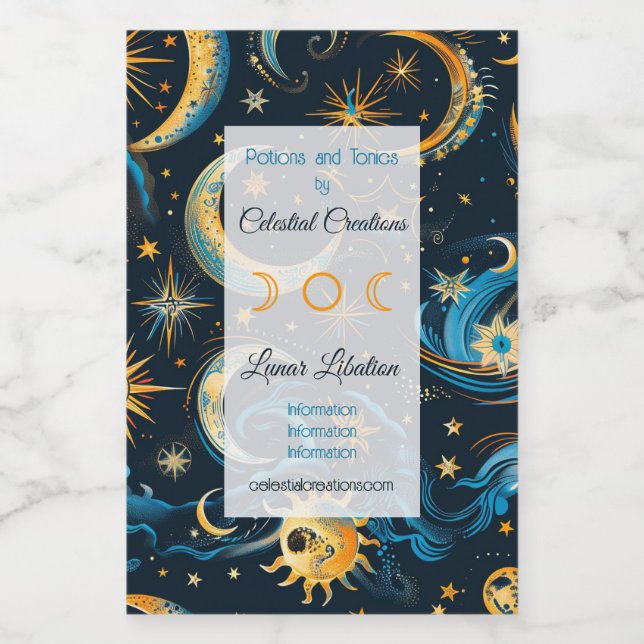 Crea tu propia luna de sol azul y dorada y estrell (Etiqueta única)