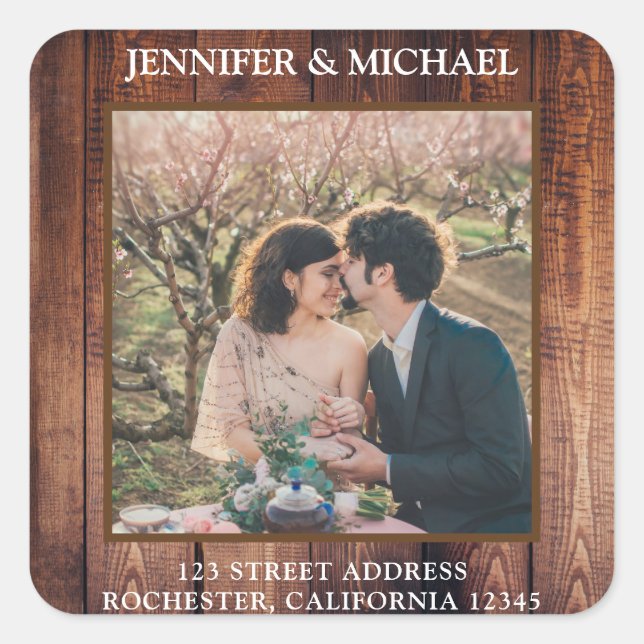 Crea tus sellos de Boda de fotos de madera rústica (Anverso)