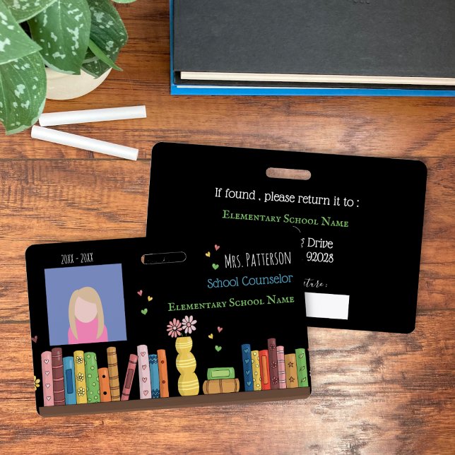 Creador de Tarjeta de Identificación para Consejer (Colorful books school counselor horizontal black photo ID badge . )