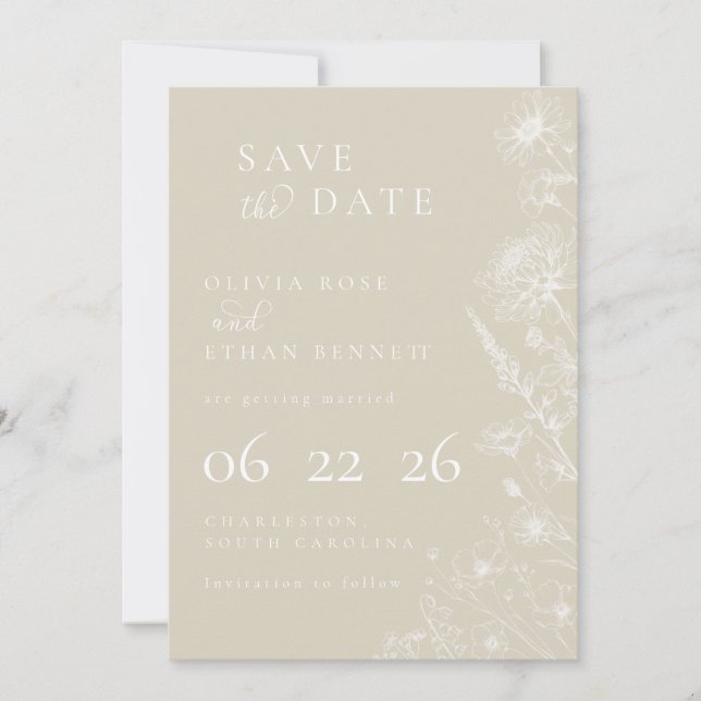 Cream Botanical Minimal Wedding Save the Date (Anverso)