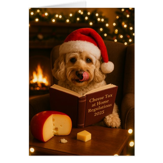Cream Cockerpoo 'Cheese Tax' Christmas card (Frente)
