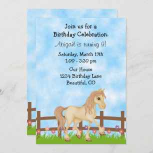 Cream Horse and Flowers Chicas Invitación al cumpl