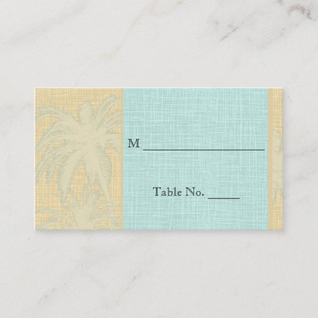 Cream Linen Blue Palm Trees Boda Tarjetas Place (Anverso)