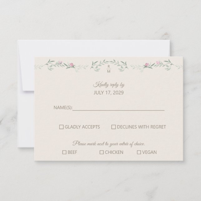 Cream Pink Foliage Monogram RSVP Response Card (Anverso)