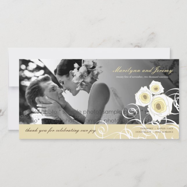Cream Rosas Swirls Boda Gracias Tarjeta Fotográfic (Anverso)