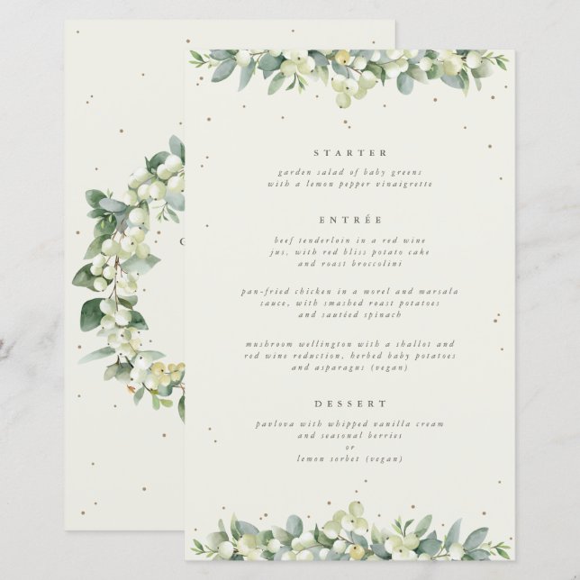 Cream Snowberry + Eucalyptus 3 Cursos Menú Boda (Anverso / Reverso)