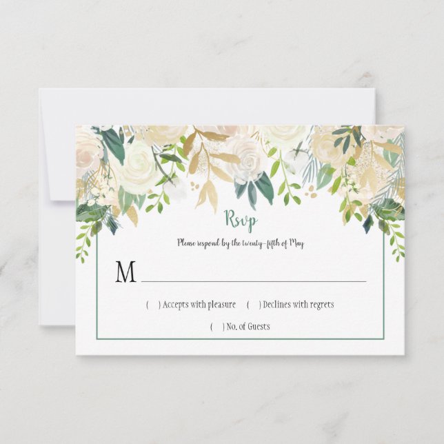 Cream White Roses Purpurina Greenery RSVP | (Anverso)