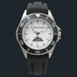 Crear un reloj de marcado personalizado con el log<br><div class="desc">Cree un reloj de marcado personalizado con el logotipo de pico de montaña. Tipografía elegante con rayas simples dial e icono. Idea de regalo de Guay para hombres en cumpleaños, día del padre, Navidades, etc. Diseño en blanco y negro con color de fondo personalizado. Ideal para papá, padre, hijo, marido,...</div>