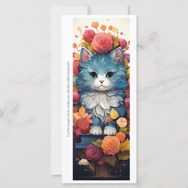 Create Your Own Floral Blue Cat Bookmark Card (Anverso)