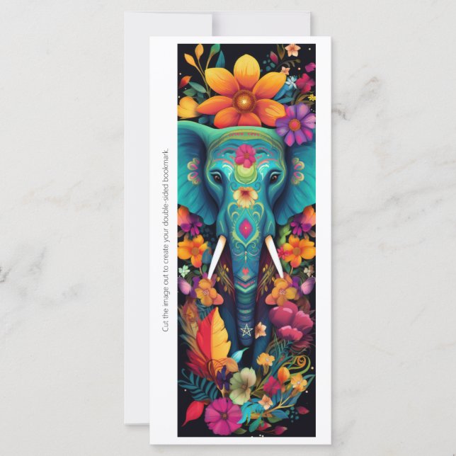 Create Your Own Floral Blue Elephant Bookmark Card (Anverso)
