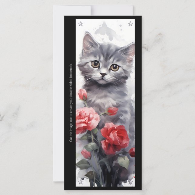 Create Your Own Gray Kitten Red Rose Bookmark Card (Anverso)