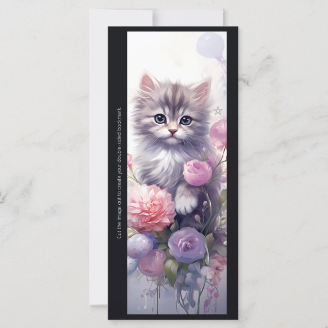 Create Your Own Purple Kitten Floral Bookmark Card (Anverso)