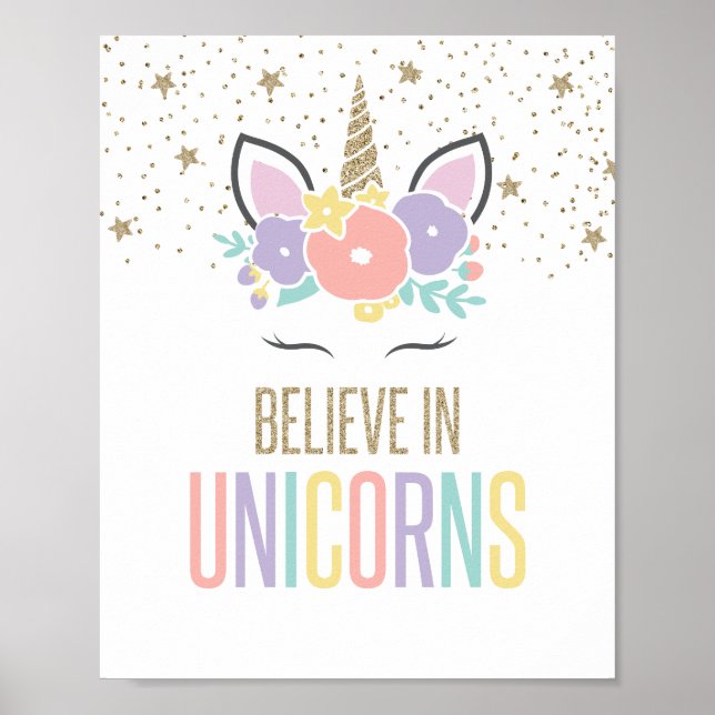 Cree en Unicornios Póster de Unicornio Arcoíris (Frente)