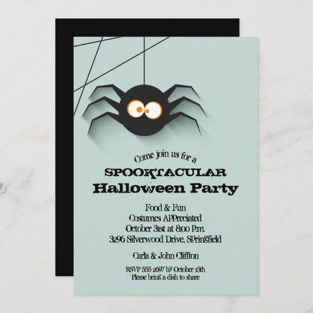 Creepy Black Spider Halloween Party Invitaciones (Anverso / Reverso)