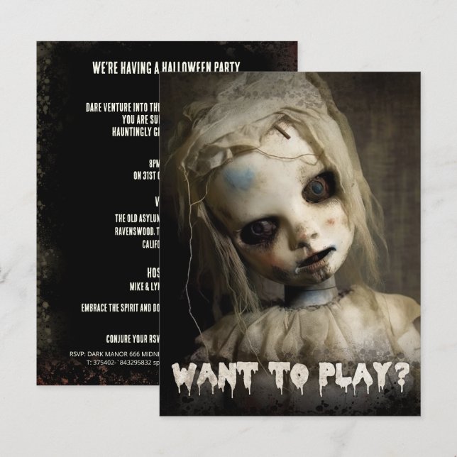 Creepy Doll Budget Invitación de Halloween para Ad (Anverso / Reverso)