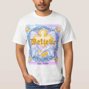 Creer camiseta de la cruz cristiana de oro