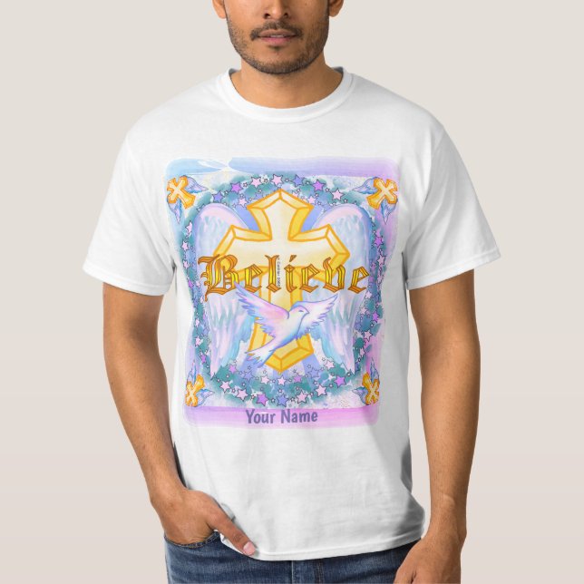 Creer camiseta de la cruz cristiana de oro (Anverso)