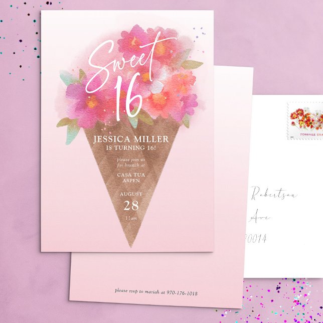 Crema de hielo floral Cone dulce 16 Invitación de  (Subido por el creador)