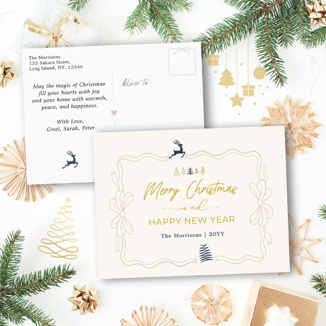 Crema: Festividad de la tarjeta postal de vacacion (Cream: Festive Bow & Tree Doodles Holiday Postcard)
