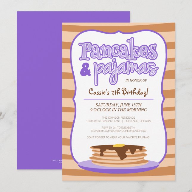 Crepes púrpuras y pijamas invitación al cumpleaños (Anverso / Reverso)