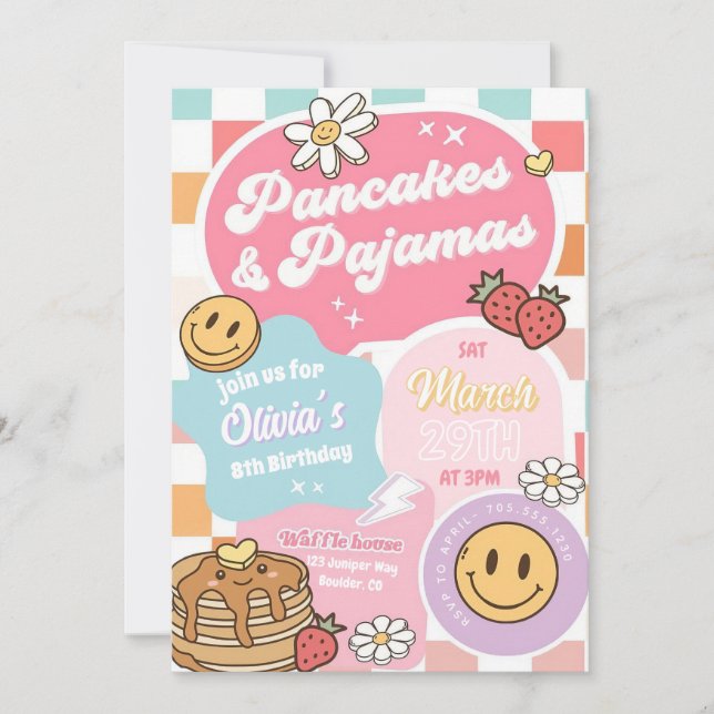 Crepes y pijamas Invitación a la fiesta de cumplea (Anverso)