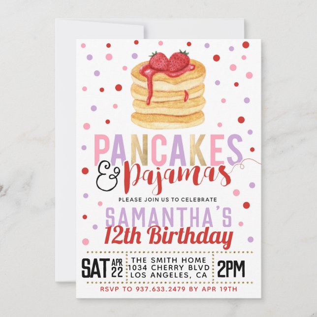 Crepes y pijamas Invitación al cumpleaños (Anverso)