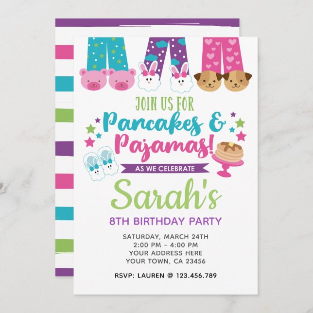 Crepes y pijamas Invitación al cumpleaños (Anverso / Reverso)