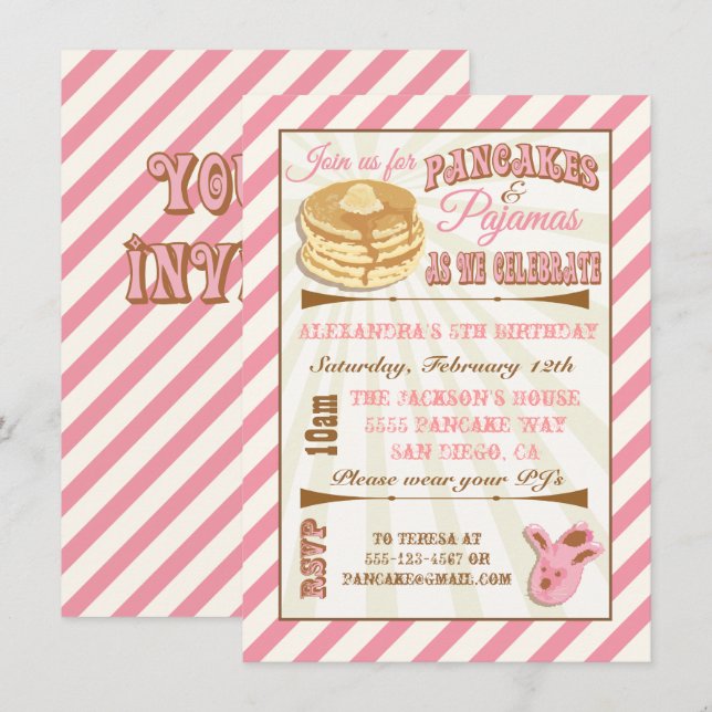 Crepes y pijamas invitaciones a la fiesta de cumpl (Anverso / Reverso)