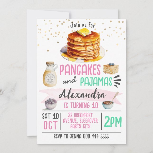 Crepes y pijamas vacías Invitación al cumpleaños (Anverso)