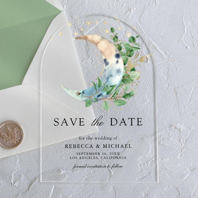 Crescent Moon Eucalyptus Invitación de Boda Save t (Subido por el creador)