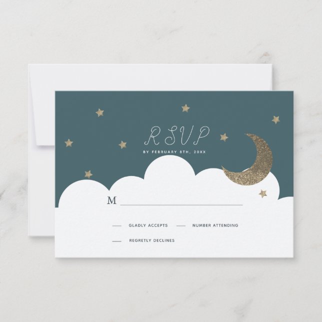 Crescent Moon & Stars Naval Bautismo Azul RSVP (Anverso)