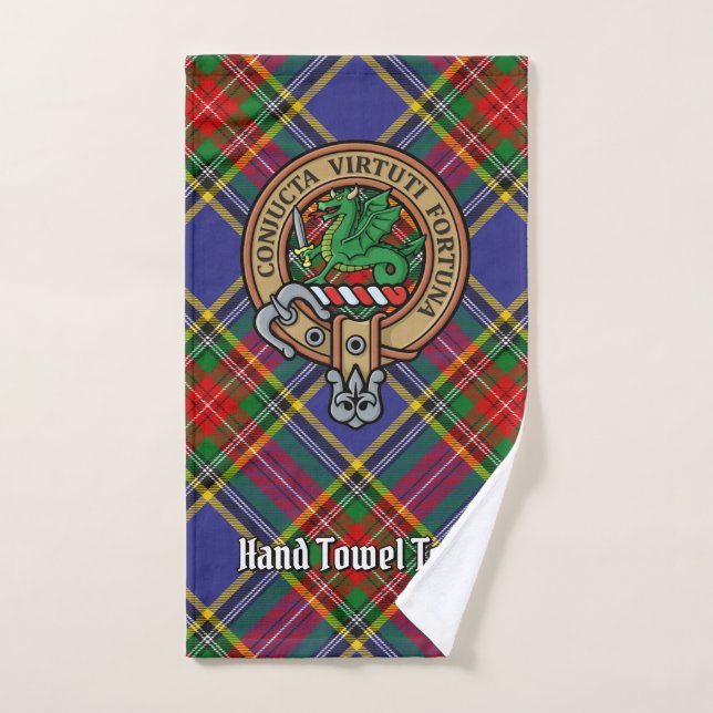 Crest del Clan MacBeth sobre tartán (Toalla de mano)
