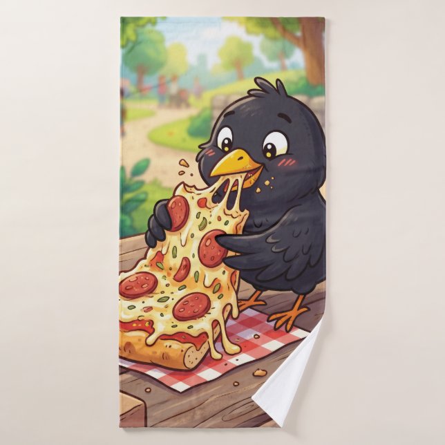 Cría de mirlo negro dibujado comiendo pizza (Toalla de baño)