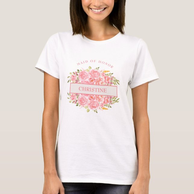 Criada floral de coral rosa con camiseta de honor (Anverso)