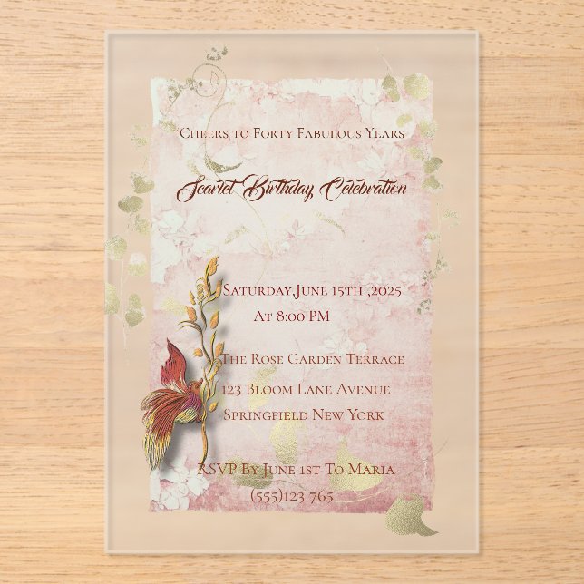 Crimson susurra 40 cumpleaños Invitación acrílica (Anverso)