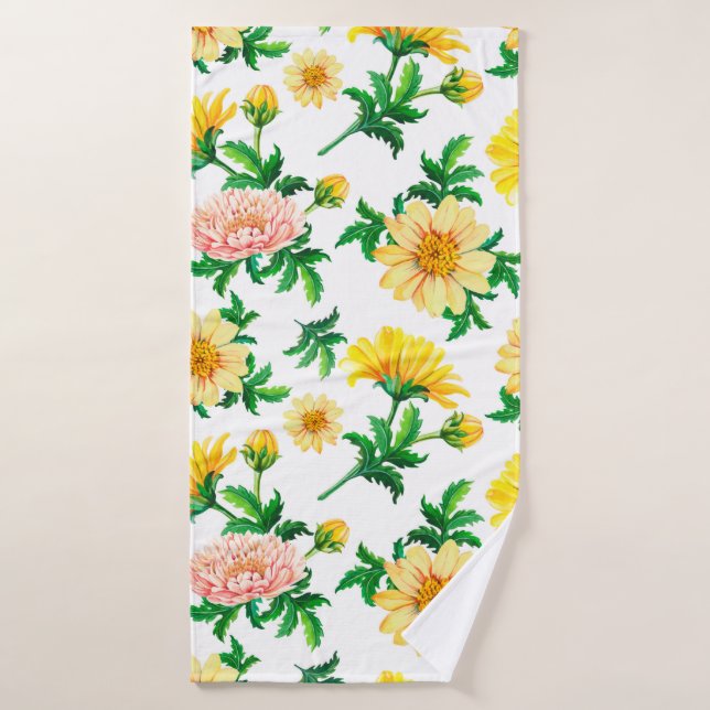Crisantemo acuarela. Flores amarillas con tamaño (Toalla de baño)