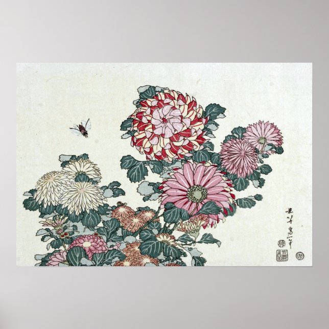 Crisantemo y abeja, arte japonés por Hokusai (Frente)
