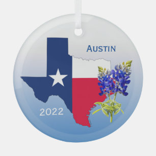 Cristal Adorno de Austin Texas, contorno y bluebonnets
