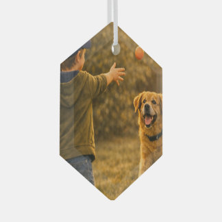 Cristal Adorno de Hexágono de Vidrio: Niño y Perro Jugando