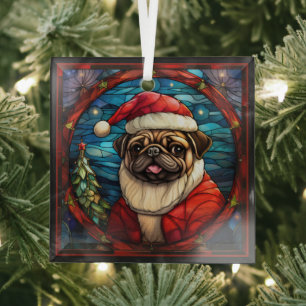 Cristal Adorno de perro Pug con sombrero de Santa
