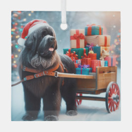 Cristal Adorno de Santa Newfie con un Carro Lleno de Regal