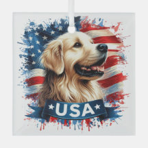 Adorno de Vidrio Patriótico de Golden Retriever