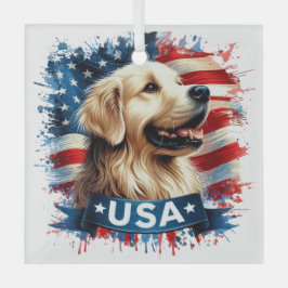 Cristal Adorno de Vidrio Patriótico de Golden Retriever