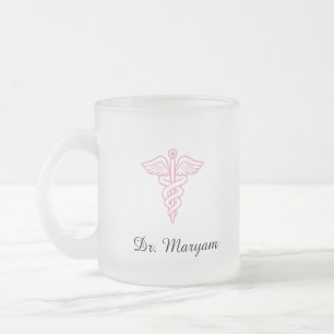 Cristal Esmerilado Taza de café personalizada con caduceo para médico