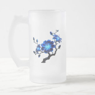 Cristal Esmerilado Taza de cerveza de rama floral azul brillante