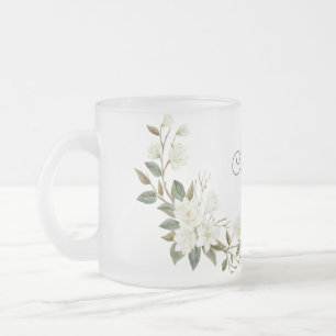 Cristal Esmerilado Taza personalizada de flores blancas, nombre perso