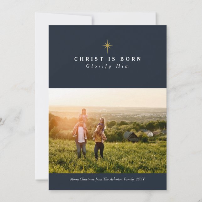 Cristo nace tarjeta de foto religiosa de Navidad (Anverso)