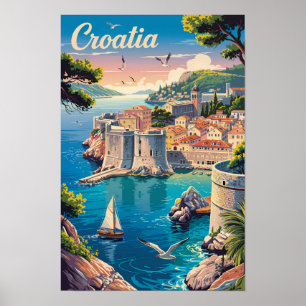 Croacia Dubrovnik Ilustración Arte de Viaje Vintag