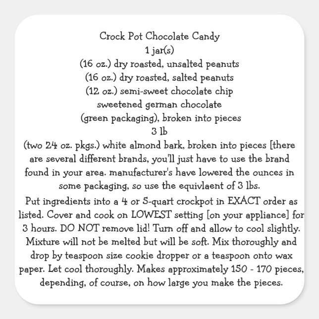 CROCK POT CHOC. RECIPE DE LOS PEGATINAS DE CANDIDA (Anverso)